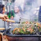 Rotating BBQ Grill Basket in Stainless Steel – Grill Basket with Wooden Handle for BBQ & Outdoor Cooking